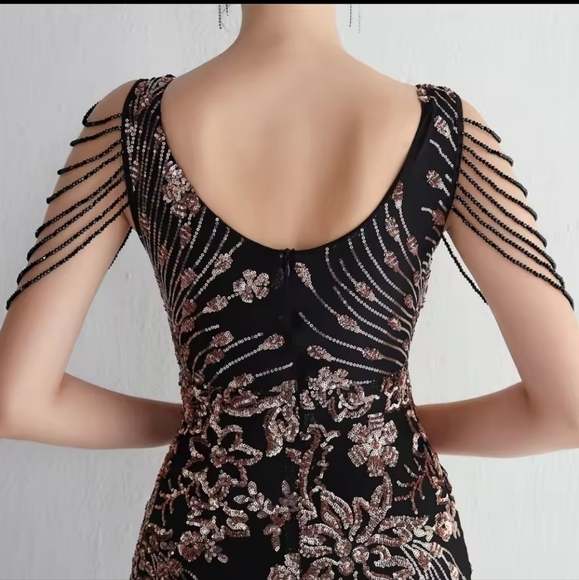 Black and Gold, Floral Print, Beaded Draped Sleeves, Sequined and Mesh Gown - Picture 11 of 16